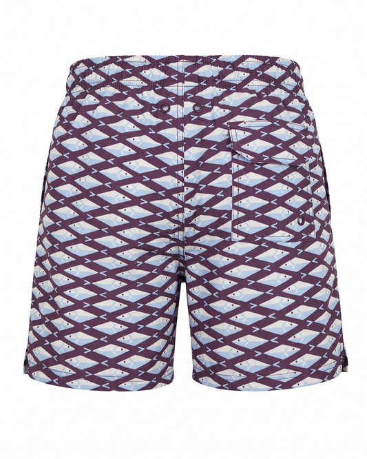 Pantaloneta de baño SCALA burdeos y aguamarina con celosía de rombos, vista trasera