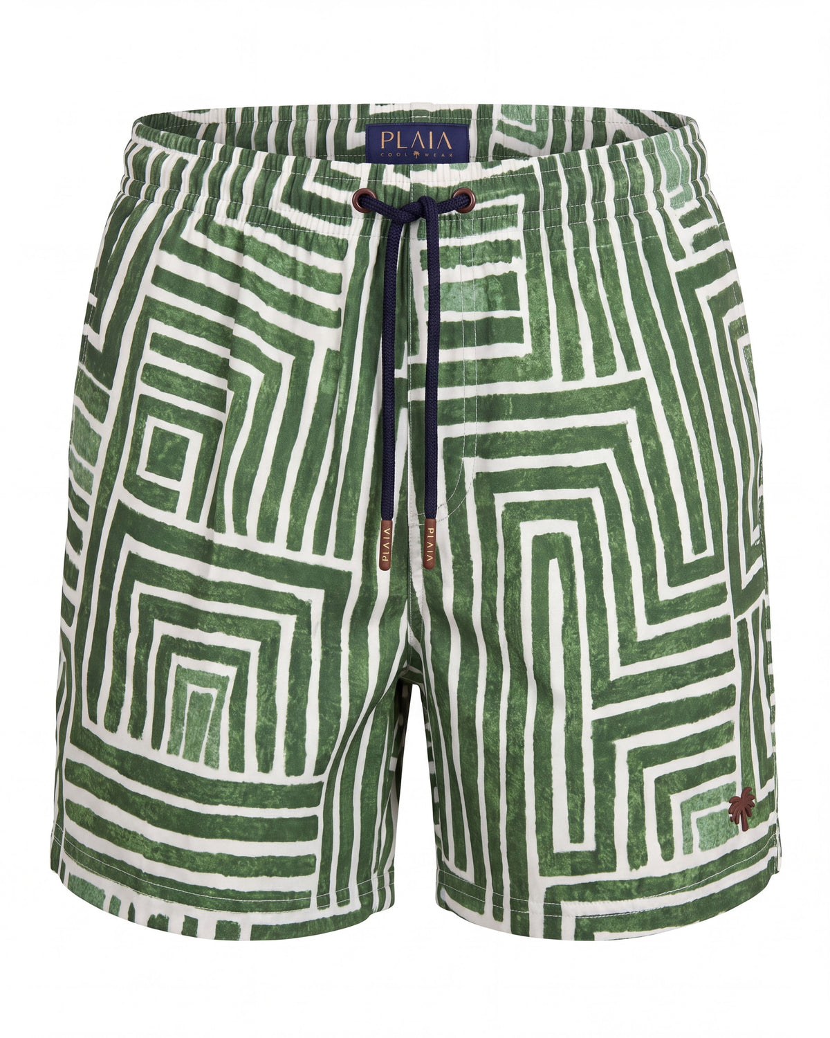 Pantaloneta de baño TULUM verde y blanca con laberinto pintado a mano, vista frontal