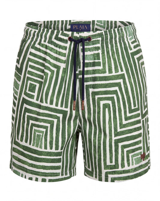Pantaloneta de baño TULUM verde y blanca con laberinto pintado a mano, vista frontal
