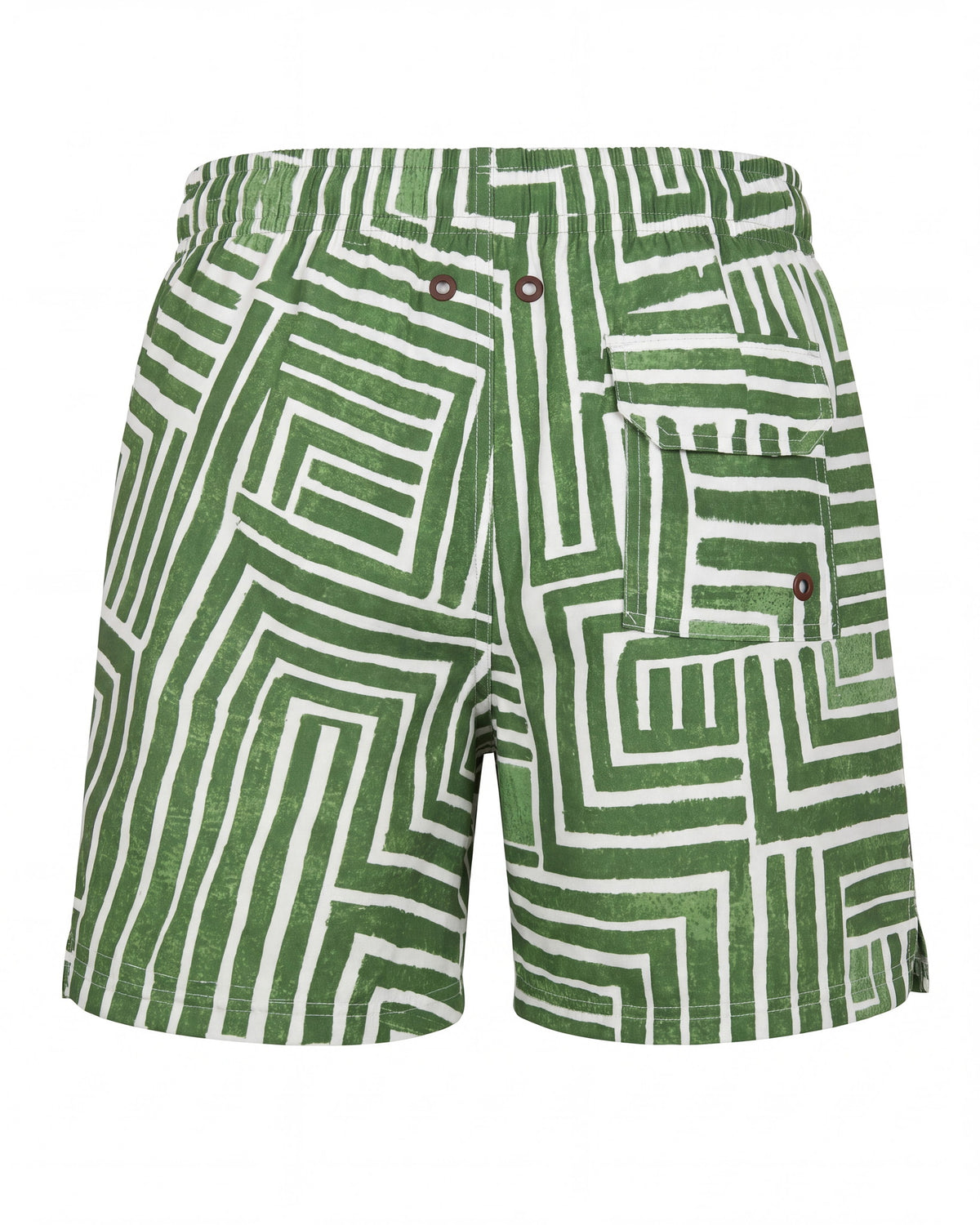 Pantaloneta de baño TULUM verde y blanca con laberinto pintado a mano, vista trasera