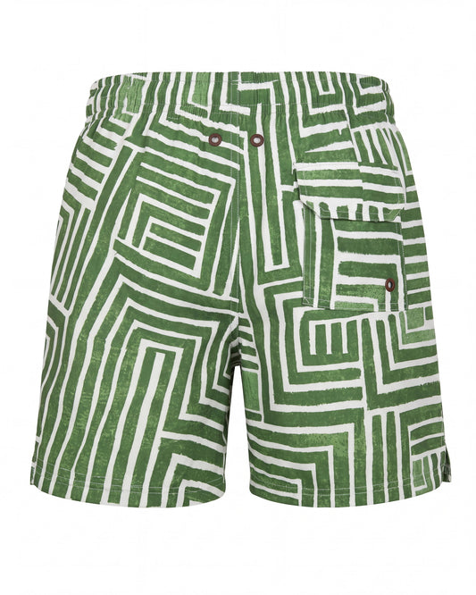 Pantaloneta de baño TULUM verde y blanca con laberinto pintado a mano, vista trasera