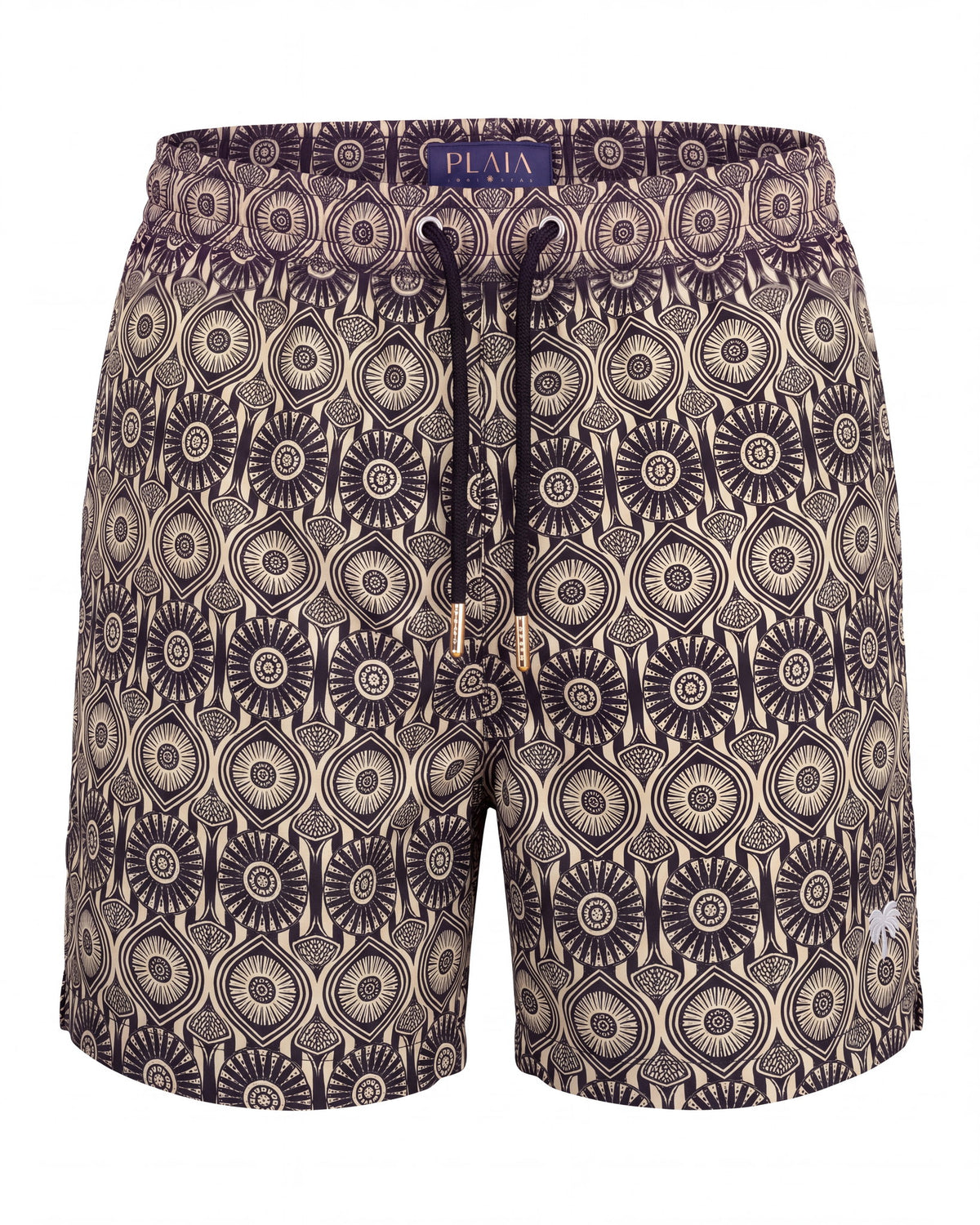 Pantaloneta de baño ZANZIBAR, medallones tipo mandala marrón oscuro sobre crema, cintura con el mismo estampado, vista frontal