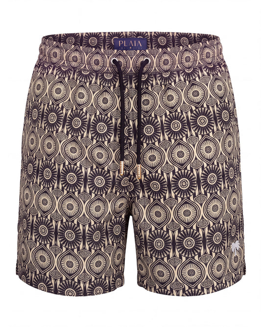 Pantaloneta de baño ZANZIBAR, medallones tipo mandala marrón oscuro sobre crema, cintura con el mismo estampado, vista frontal
