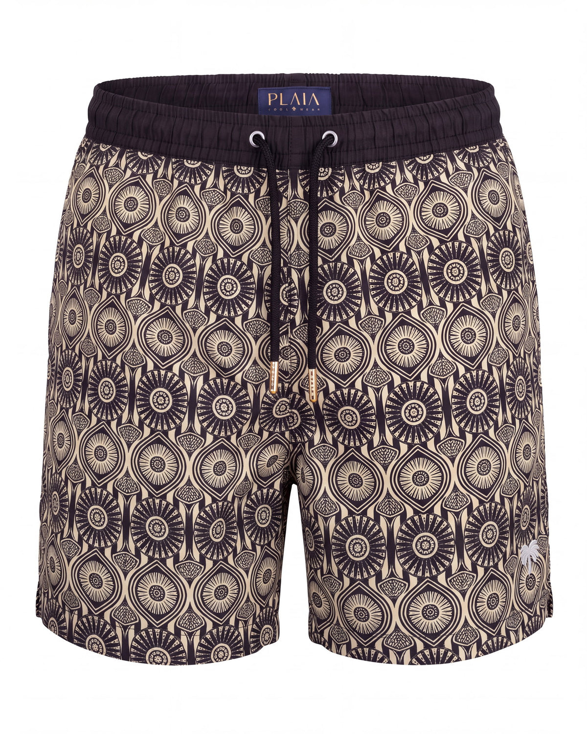 Pantaloneta de baño ZANZIBAR P crema con medallones ornamentales marrón oscuro, vista frontal