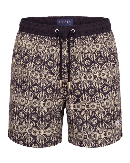 Pantaloneta de baño ZANZIBAR P crema con medallones ornamentales marrón oscuro, vista frontal