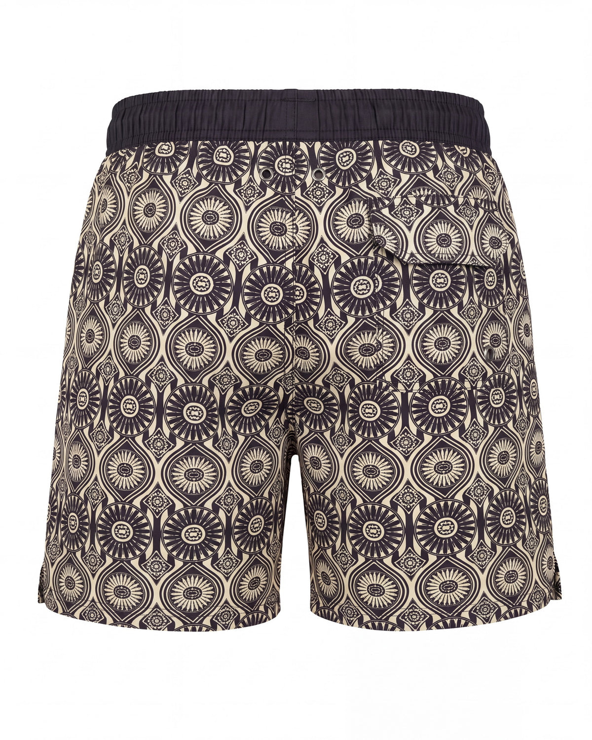 Pantaloneta de baño ZANZIBAR P crema con medallones ornamentales marrón oscuro, vista trasera